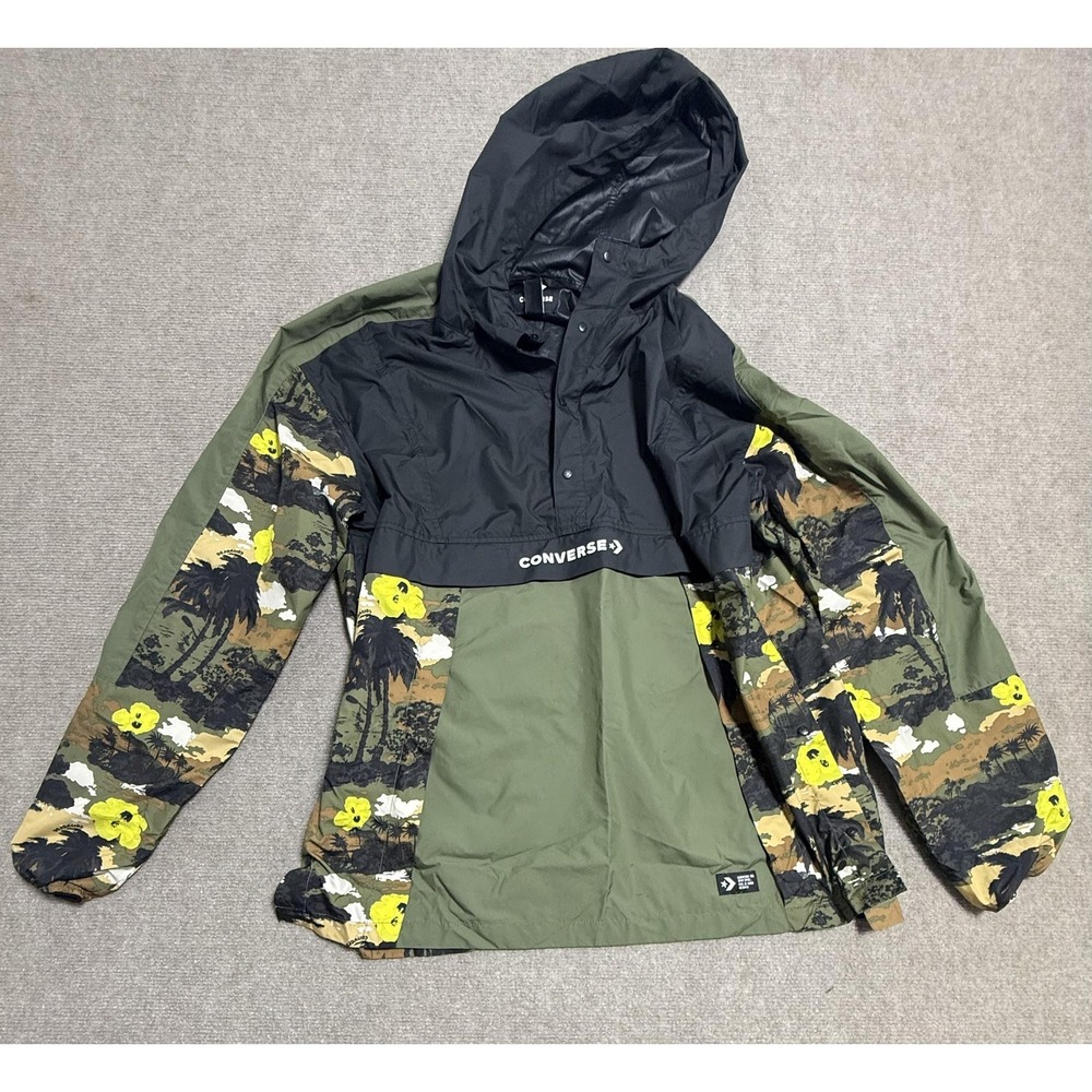Converse Jacket Mens Large Green Black Hooded Anorak Windbreaker‎ Camo Floral